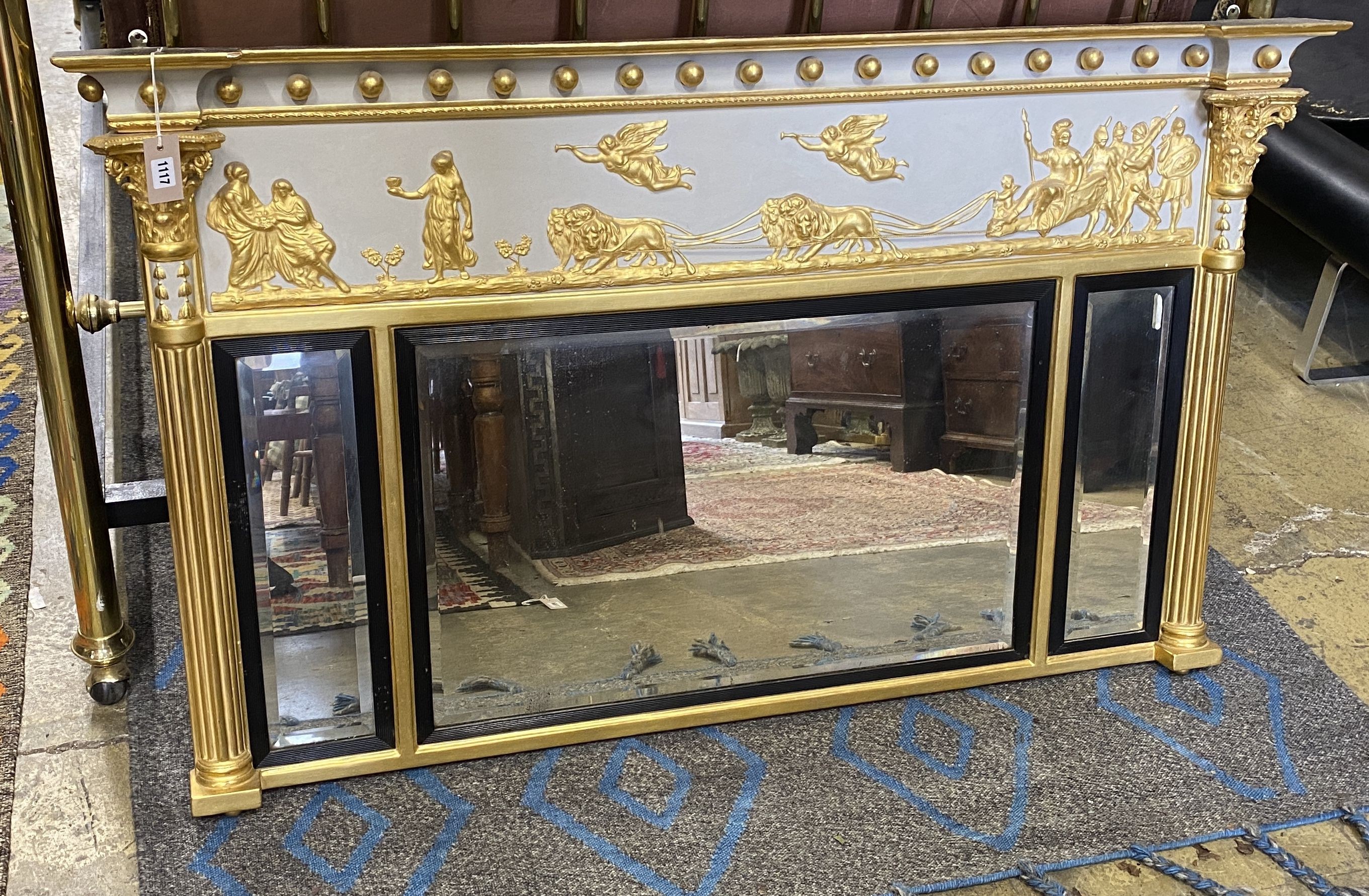 A Regency triple plate overmantel mirror (repainted), width 146cm, height 87cm